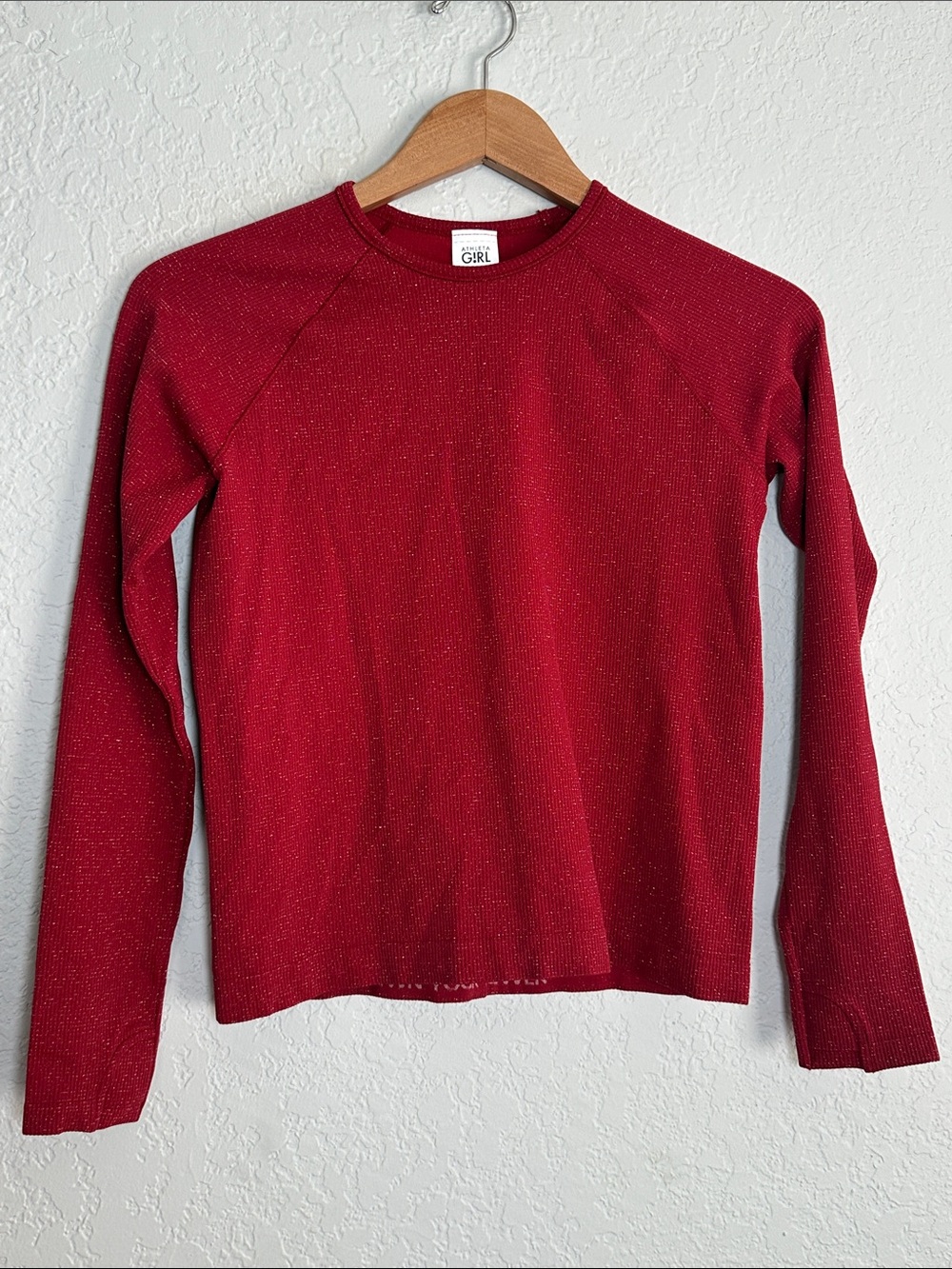 NEW Athleta Girl Red Shimmer Top Long Sleeve Sparkle Athletic T-Shirt Large